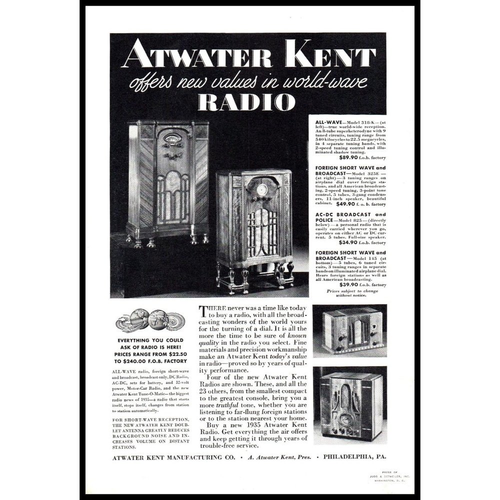 1934 Atwater Kent Antique Radio Vintage Print Ad All-Wave Wall Art Photo